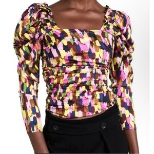 BRØGGER Loretta Stretch Satin Puff Sleeve Top Abstract Paint Print Multicolor XS